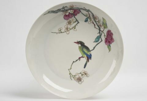 Plate, Kingfisher with blooming camelia and prunus