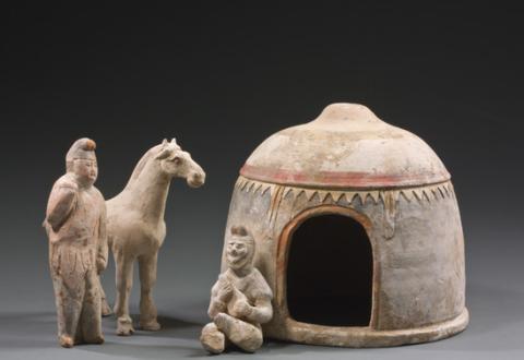 Tent with lutist, rider and horse, terracotta