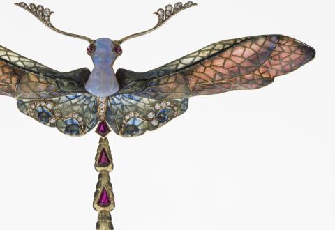 Dragonfly pendant, gold, enamel, ruby, opal, diamond