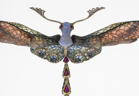 Dragonfly pendant, gold, enamel, ruby, opal, diamond