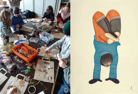 kinderen aan het werk in het atelier/enfants dans l'atelier & Shuvinai Ashoona, Handstand, 2010 