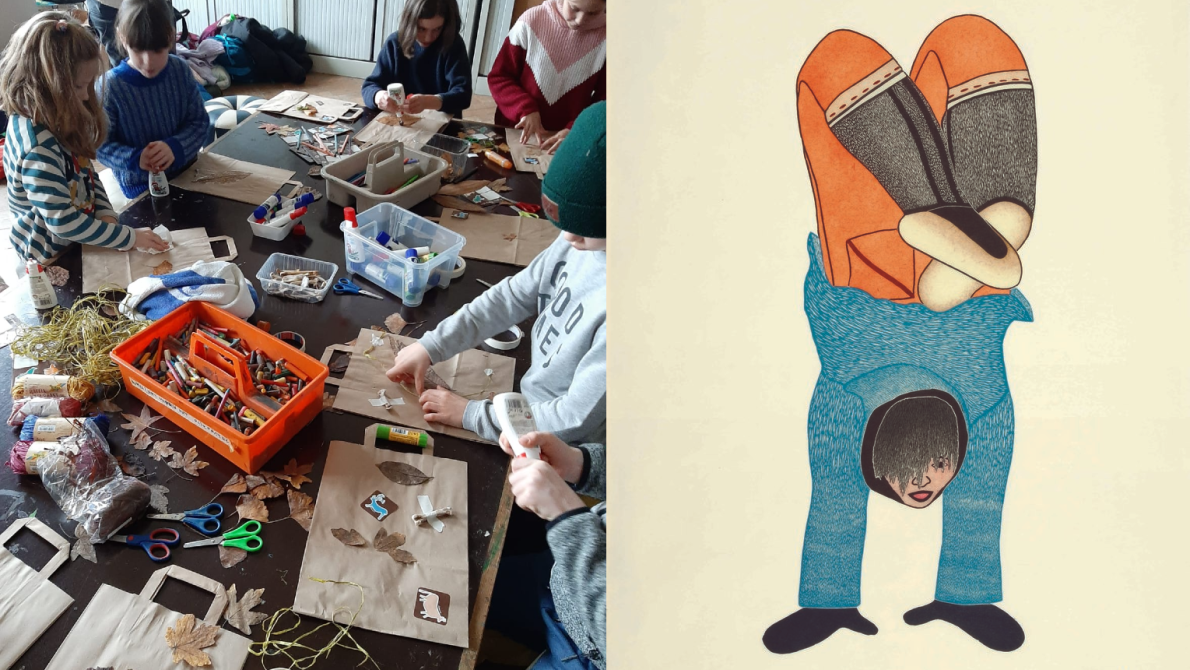 kinderen aan het werk in het atelier/enfants dans l'atelier & Shuvinai Ashoona, Handstand, 2010