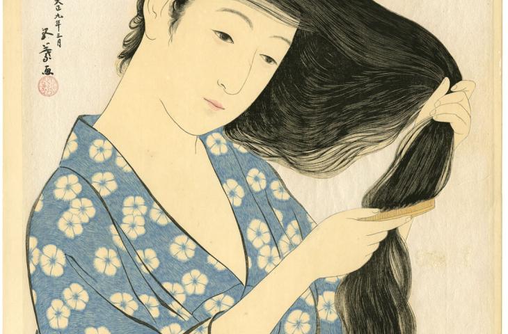 Japanse prent Vrouw die haar haar kamt