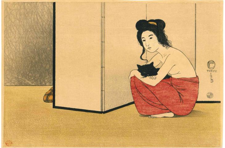 japanse prent Vrouw die een zwarte kat vasthoudt