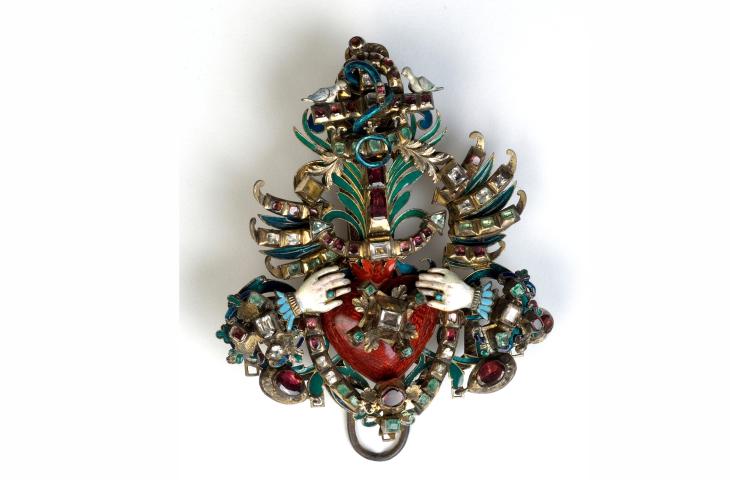 Jewellery, silver gilt, diamond (?), ruby (?), emerald (?), enamel