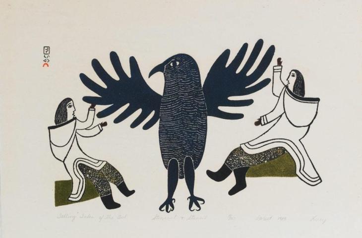 Lucy Quinnuayuak, Telling Tales of the Owl, 1983, stone engraving on paper, Cape Dorset (Kinngait), Nunavut