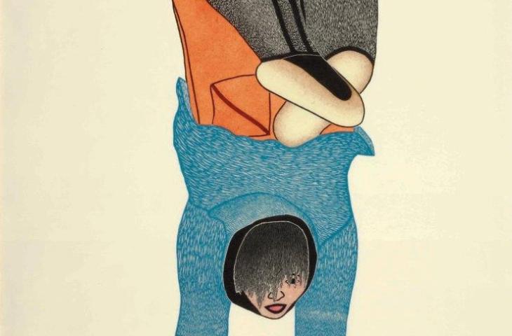 Shuvinai Ashoona, Handstand, 2010, stone engraving and stencil on paper, Kinngait (Cape Dorset), Nunavut